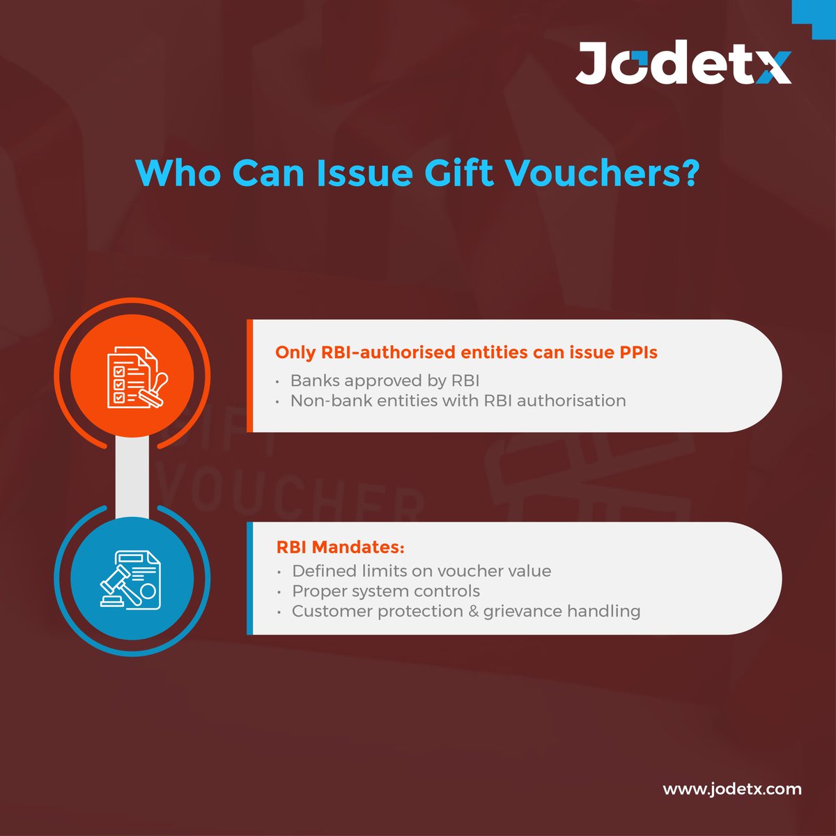 Jodetx_tech's tweet photo. Gift vouchers aren’t just rewards — they are regulated payment instruments.
Understanding RBI rules helps businesses stay compliant and customers stay protected.

#GiftVouchers #RBIGuidelines #PPI #DigitalPayments #Compliance #FintechIndia #SecurePayments #RewardPrograms https://t.co/diylslNFvE