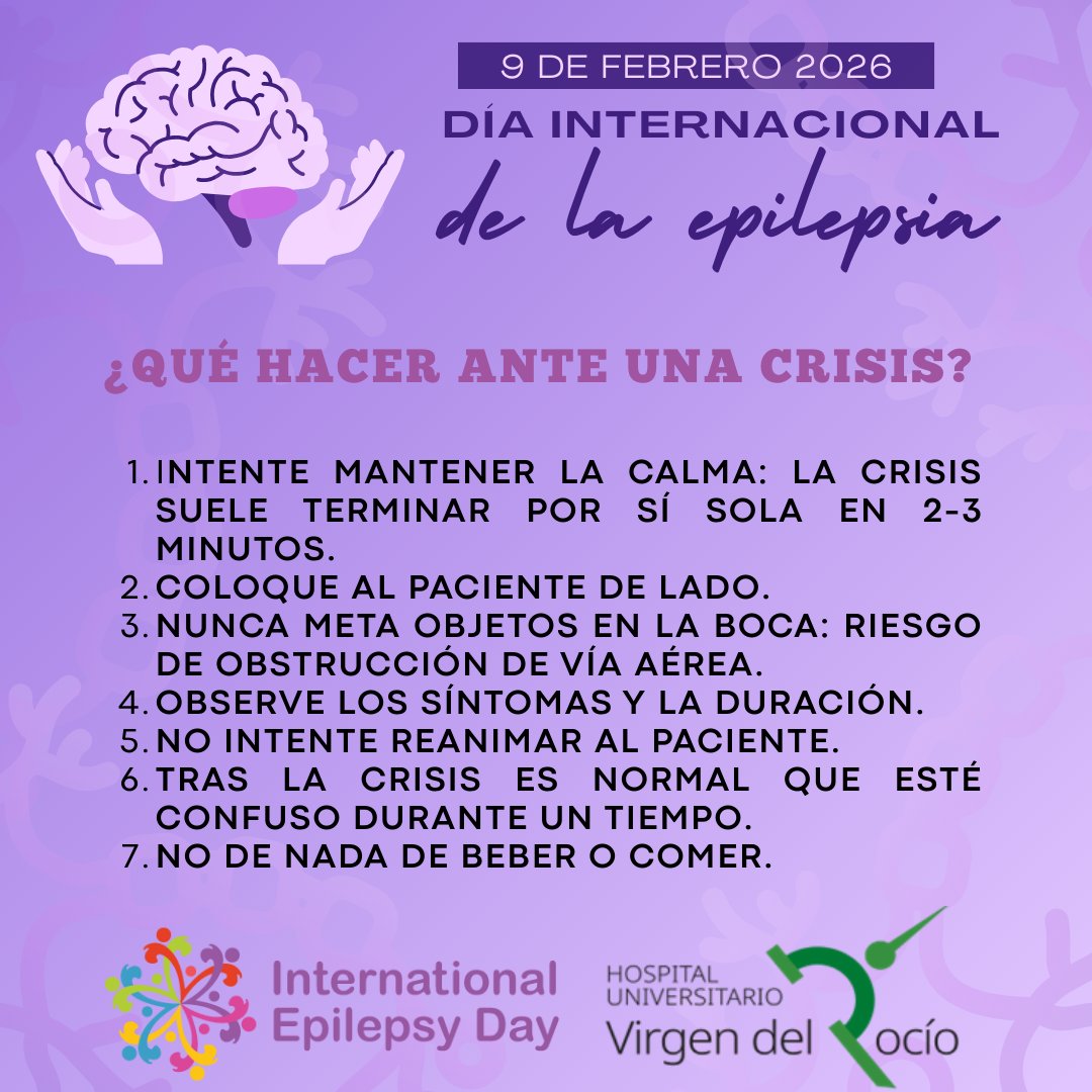 neuroHUVR's tweet photo. 🎊Hoy, 9 de febrero, celebramos el 🧠Día Internacional de la Epilepsia 🧠
Se trata de una enfermedad neurológica frecuente, en muchos casos tratable, y que aún convive con estigma y desinformación. ¡Os recordamos los pasos básicos para actuar ante una crisis epiléptica! ✨ https://t.co/BJzH9HleTx