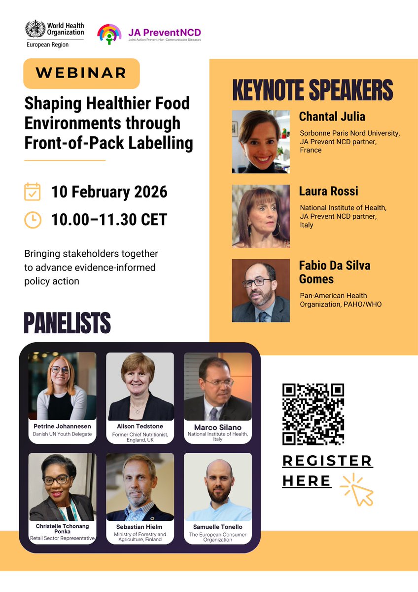 WHO_Europe's tweet image. ⏰ Last chance!

Join us on 10 Feb for the WHO/Europe &amp;amp; JA Prevent NCDs webinar on front-of-pack labelling with a fantastic lineup of expert speakers and panelists.

🕙 10:00–11:30 CET

🔗 Register now: bit.ly/4aApBdl

#NutritionPolicy #NCDs
