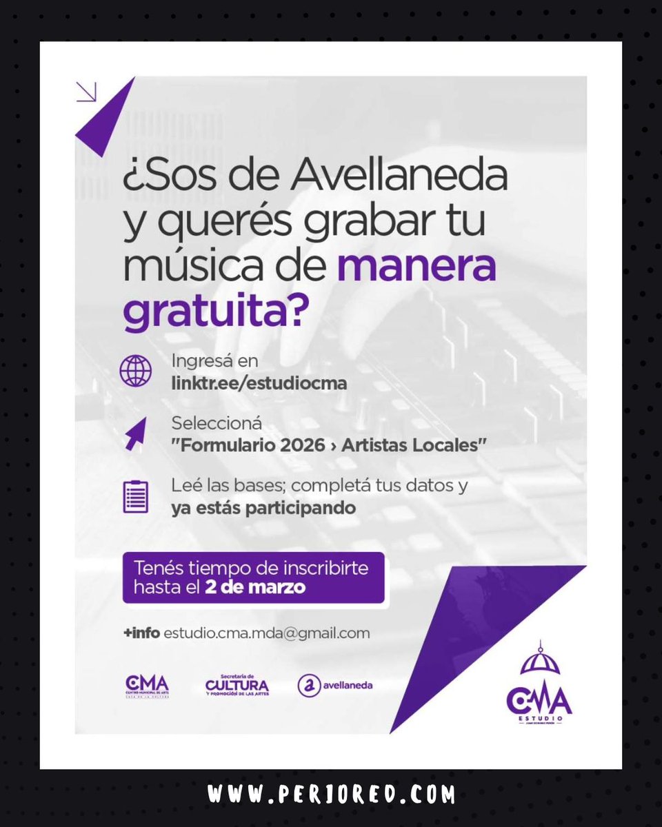 Sos de Avellaneda y querés grabar tu música de manera gratuita?

Ingresá en:
linktr.ee/estudiocma ; seleccionar "Formulario 2026 - Artistas Locales" ; leer las bases; completar tus datos y ya estás participando.

Info: estudio.cma.mda@gmail.com

#musica #grabacion