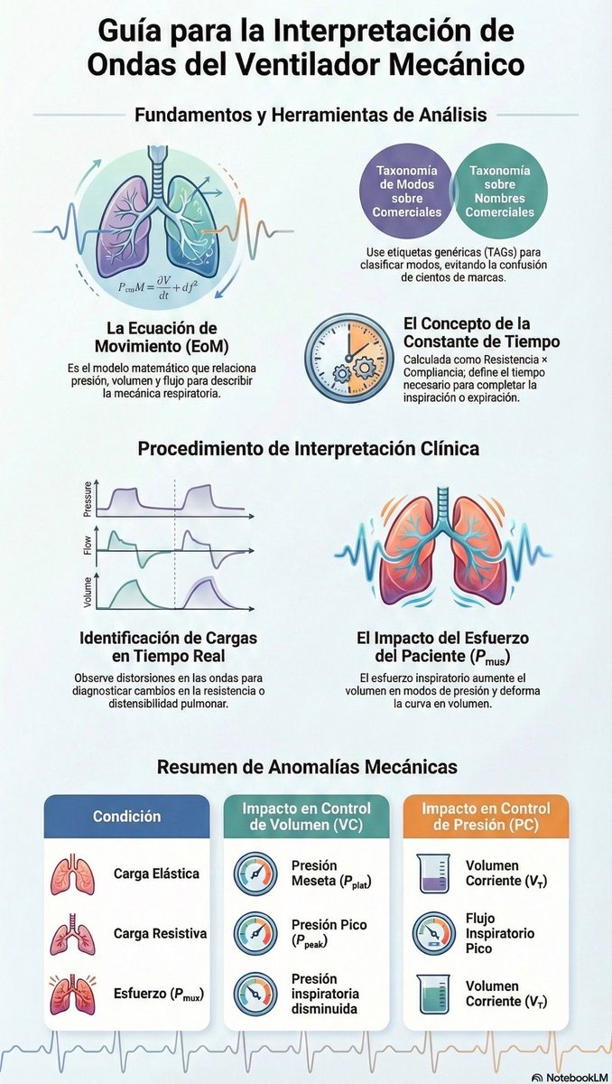 MarlonVFZR's tweet photo. 🧵🫁📉📈 𝗜𝗻𝘁𝗲𝗿𝗽𝗿𝗲𝘁𝗮𝗰𝗶𝗼́𝗻 𝗱𝗲 𝗰𝘂𝗿𝘃𝗮𝘀 𝗱𝗲𝗹 𝘃𝗲𝗻𝘁𝗶𝗹𝗮𝗱𝗼𝗿 “𝗰𝗼𝗺𝗼 𝘂𝗻 𝗘𝗖𝗚”⚡️🧠
@respcare @RobChatburn
👇🏼👇🏼👇🏼👇🏼
📑🔗🔑🔓
https://t.co/89ht2mBRSA
⬇️⬇️⬇️⬇️
🧵👇 

📌𝘊𝘩𝘢𝘵𝘣𝘶𝘳𝘯 propone un enfoque 𝙨𝙞𝙨𝙩𝙚𝙢𝙖́𝙩𝙞𝙘𝙤: igual que el ECG 🫀, primero entiendes la fisiología, memorizas el “patrón normal” ✅ y luego detectas 𝙙𝙞𝙨𝙩𝙤𝙧𝙨𝙞𝙤𝙣𝙚𝙨 🕵️‍♂️.
𝙊𝙗𝙟𝙚𝙩𝙞𝙫𝙤: leer la interacción paciente–ventilador con método, no “a ojo” 👀🧩.  

🧰🧠 3️⃣ 𝙥𝙖𝙨𝙤𝙨 𝙥𝙖𝙧𝙖 𝙡𝙚𝙚𝙧 𝙘𝙪𝙖𝙡𝙦𝙪𝙞𝙚𝙧 𝙥𝙖𝙣𝙩𝙖𝙡𝙡𝙖 𝙙𝙚 𝙘𝙪𝙧𝙫𝙖𝙨 🔥
1️⃣.🏷️ 𝙄𝙙𝙚𝙣𝙩𝙞𝙛𝙞𝙘𝙖 𝙚𝙡 𝙢𝙤𝙙𝙤 (¡sin perderte en marcas comerciales!)
2️⃣.🧬 𝘽𝙪𝙨𝙘𝙖 𝙙𝙞𝙨𝙩𝙤𝙧𝙨𝙞𝙤́𝙣 por cargas: elástica 🧱, resistiva 🧪 o esfuerzo muscular 💪
3️⃣.🧩 𝘾𝙡𝙖𝙨𝙞𝙛𝙞𝙘𝙖 𝙡𝙖 𝙞𝙣𝙩𝙚𝙧𝙖𝙘𝙘𝙞𝙤́𝙣 por fase: trigger ▶️, inspiración 🌬️, ciclado 🔁, espiración 🌫️

🧮🫁 𝙇𝙖 “𝙚𝙘𝙪𝙖𝙘𝙞𝙤́𝙣 𝙙𝙚 𝙢𝙤𝙫𝙞𝙢𝙞𝙚𝙣𝙩𝙤” (𝙀𝙤𝙈): 𝙚𝙡 𝙘𝙤𝙧𝙖𝙯𝙤́𝙣 𝙢𝙖𝙩𝙚𝙢𝙖́𝙩𝙞𝙘𝙤 𝙙𝙚𝙡 𝙫𝙚𝙣𝙩𝙞𝙡𝙖𝙙𝙤𝙧 ❤️‍🔥📐
Idea clave: todo se explica con 𝙥𝙧𝙚𝙨𝙞𝙤́𝙣, 𝙫𝙤𝙡𝙪𝙢𝙚𝙣 𝙮 𝙛𝙡𝙪𝙟𝙤 ⬆️⬇️
📌 Forma práctica:
𝙋𝙖𝙬(𝙩) = 𝙀·𝙑(𝙩) + 𝙍·V̇(𝙩) + 𝙋𝙀𝙀𝙋𝙩𝙤𝙩
Donde:
🧱 𝙀 = elastancia (↔️ 1/compliance)
🧪 𝙍 = resistencia
💨 V̇ = flujo
🎚️ 𝙋𝙀𝙀𝙋𝙩𝙤𝙩 = 𝙋𝙀𝙀𝙋𝙨𝙚𝙩 + 𝙖𝙪𝙩𝙤𝙋𝙀𝙀𝙋
Si entiendes esto, entiendes por qué cambian las curvas.  

🧠🧷 𝙍𝙚𝙜𝙡𝙖 𝙙𝙚 𝙤𝙧𝙤: ¿𝙦𝙪𝙚́ 𝙫𝙖𝙧𝙞𝙖𝙗𝙡𝙚 𝙨𝙚 “𝙙𝙚𝙛𝙤𝙧𝙢𝙖” 𝙨𝙚𝙜𝙪́𝙣 𝙚𝙡 𝙢𝙤𝙙𝙤?
✅ 𝙑𝘾 (𝙫𝙤𝙡𝙪𝙢𝙚𝙣 𝙘𝙤𝙣𝙩𝙧𝙤𝙡): volumen + flujo están “fijos” 🎛️➡️ entonces 𝙡𝙤 𝙦𝙪𝙚 𝙘𝙖𝙢𝙗𝙞𝙖 𝙚𝙨 𝙡𝙖 𝙋𝙍𝙀𝙎𝙄𝙊́𝙉 📈📉
✅ 𝙋𝘾 (𝙥𝙧𝙚𝙨𝙞𝙤́𝙣 𝙘𝙤𝙣𝙩𝙧𝙤𝙡): presión está “fija” 🎛️➡️ entonces 𝙡𝙤 𝙦𝙪𝙚 𝙘𝙖𝙢𝙗𝙞𝙖 𝙚𝙨 𝙚𝙡 𝙁𝙇𝙐𝙅𝙊 𝙮 𝙚𝙡 𝙑𝙊𝙇𝙐𝙈𝙀𝙉 🌊🫁
Esto acelera el diagnóstico bedside ⚡️.  

⏱️🫁 “𝙏𝙞𝙢𝙚 𝙘𝙤𝙣𝙨𝙩𝙖𝙣t” (𝙍𝘾): 𝙚𝙡 𝙨𝙚𝙘𝙧𝙚𝙩𝙤 𝙙𝙚𝙡 𝙖𝙪𝙩𝙤𝙋𝙀𝙀𝙋 𝙮 𝙙𝙚𝙡 𝙖𝙩𝙧𝙖𝙥𝙖𝙢𝙞𝙚𝙣𝙩𝙤 🧨
📌 τ = 𝙍 × 𝘾 (segundos) ⏱️
Un sistema “completa” inspiración/espiración ~𝟯–𝟱 τ ✅
🔴 Si 𝙍 𝙨𝙪𝙗𝙚 (broncoespasmo/secretos/tubo) o 𝘾 𝙗𝙖𝙟𝙖 (SDRA) → cambian pendientes y tiempos ⤴️⤵️
👉 Si no hay tiempo espiratorio suficiente = 𝙛𝙡𝙤𝙬 𝙣𝙤 𝙡𝙡𝙚𝙜𝙖 𝙖 𝙘𝙚𝙧𝙤 → sospecha 𝙖𝙪𝙩𝙤𝙋𝙀𝙀𝙋 🧯.  

🧩🕵️‍♂️ 𝘿𝙤́𝙣𝙙𝙚 𝙢𝙞𝙧𝙖𝙧: “𝙥𝙪𝙣𝙩𝙤𝙨 𝙙𝙚 𝙧𝙚𝙛𝙚𝙧𝙚𝙣𝙘𝙞𝙖” 𝙚𝙣 𝙥𝙧𝙚𝙨𝙞𝙤́𝙣/𝙛𝙡𝙪𝙟𝙤/𝙫𝙤𝙡𝙪𝙢𝙚𝙣 👀📟
El paper enseña a fijarse en hitos:
📌 𝙋𝙞𝙣𝙞𝙩 (subida inicial), 𝙋𝙄𝙋, 𝙋𝙥𝙡𝙖𝙩
📌 V̇ 𝙥𝙞𝙘𝙤 𝙞𝙣𝙨𝙥, V̇ 𝙛𝙞𝙣 𝙞𝙣𝙨𝙥, V̇ 𝙥𝙞𝙘𝙤 𝙚𝙨𝙥, V̇ 𝙛𝙞𝙣 𝙚𝙨𝙥
📌 𝙑𝙏 (volumen corriente)
Con eso, puedes inferir si predominan:
🧱 𝙘𝙖𝙧𝙜𝙖 𝙚𝙡𝙖́𝙨𝙩𝙞𝙘𝙖 ↑ (compliance ↓)
🧪 𝙘𝙖𝙧𝙜𝙖 𝙧𝙚𝙨𝙞𝙨𝙩𝙞𝙫𝙖 ↑ (R ↑)
💪 𝙚𝙨𝙛𝙪𝙚𝙧𝙯𝙤 𝙞𝙣𝙨𝙥𝙞𝙧𝙖𝙩𝙤𝙧𝙞𝙤 ↑ (Pmus)
y cómo eso cambia distinto en VC vs PC.  

🎯🧠 𝙈𝙚𝙣𝙨𝙖𝙟𝙚 𝙛𝙞𝙣𝙖𝙡: 𝙙𝙚 “𝙫𝙚𝙧 𝙘𝙪𝙧𝙫𝙖𝙨” 𝙖 “𝙞𝙣𝙩𝙚𝙧𝙥𝙧𝙚𝙩𝙖𝙧 𝙘𝙪𝙧𝙫𝙖𝙨” (𝙮 𝙖𝙘𝙩𝙪𝙖𝙧) 🚀
La interpretación rigurosa:
✅ reduce “ruido” mental 🤯➡️🧠
✅ permite anticipar problemas (cargas, autoPEEP, esfuerzo) ⏳⚠️
✅ abre la puerta a reconocer discordancia y asincronías 🔁🚫

‼️Si te sirve: ❤️ Me gusta | 🔁 Repost | ➕ Follow para más #MedED en #ClubCrit 😄🧠🫶

📚📖 Más en el blog #ClubCrit 👉 [https://t.co/wbCJFKHCXL]

#ClubCrit #VentilaciónMecánica #Ventilation #RespiratoryMechanics #AutoPEEP #ARDS #SDRA #RespiratoryCare #POCUS #ICU #CriticalCare #CuidadoCrítico #MedTwitter #CritCare #Diagnóstico #icu #intensivecare #diagnosis #management #UCI #Tratamiento #MedicinaBasadaEnEvidencia #MedEd #Medicina #Emergencias #FOAMed #FOAMcc #MedX #IntensiveCare #EducaciónMédica #MedIntensiva #MedXCommunity #MedicinaCrítica #MedED #CritCare #ICUmanagement #MustRead #LecturaRecomendada