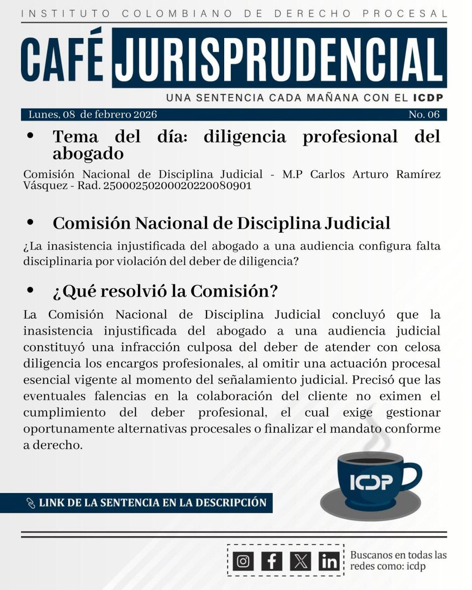 I_C_D_P's tweet photo. Léela en un café jurídico con el ICDP:
#ElCaféDeLaMañana ☕

🔍 Consulta la providencia:
https://t.co/xUqezmea89

⚖ Diligencia profesional del abogado. https://t.co/lXMyvzortb