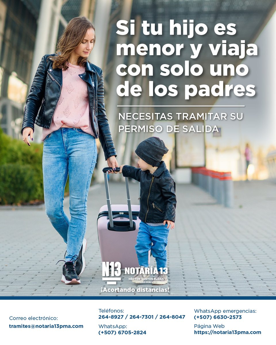 ✈️ ¿Tu hijo o hija viajará fuera del país sin uno de los padres?
Antes de empacar las maletas, asegúrate de tener en regla el permiso de salida de menor. Un trámite esencial para garantizar que el viaje sea legal y seguro.

En Notaría 13 te brindamos un servicio ágil, confiable y