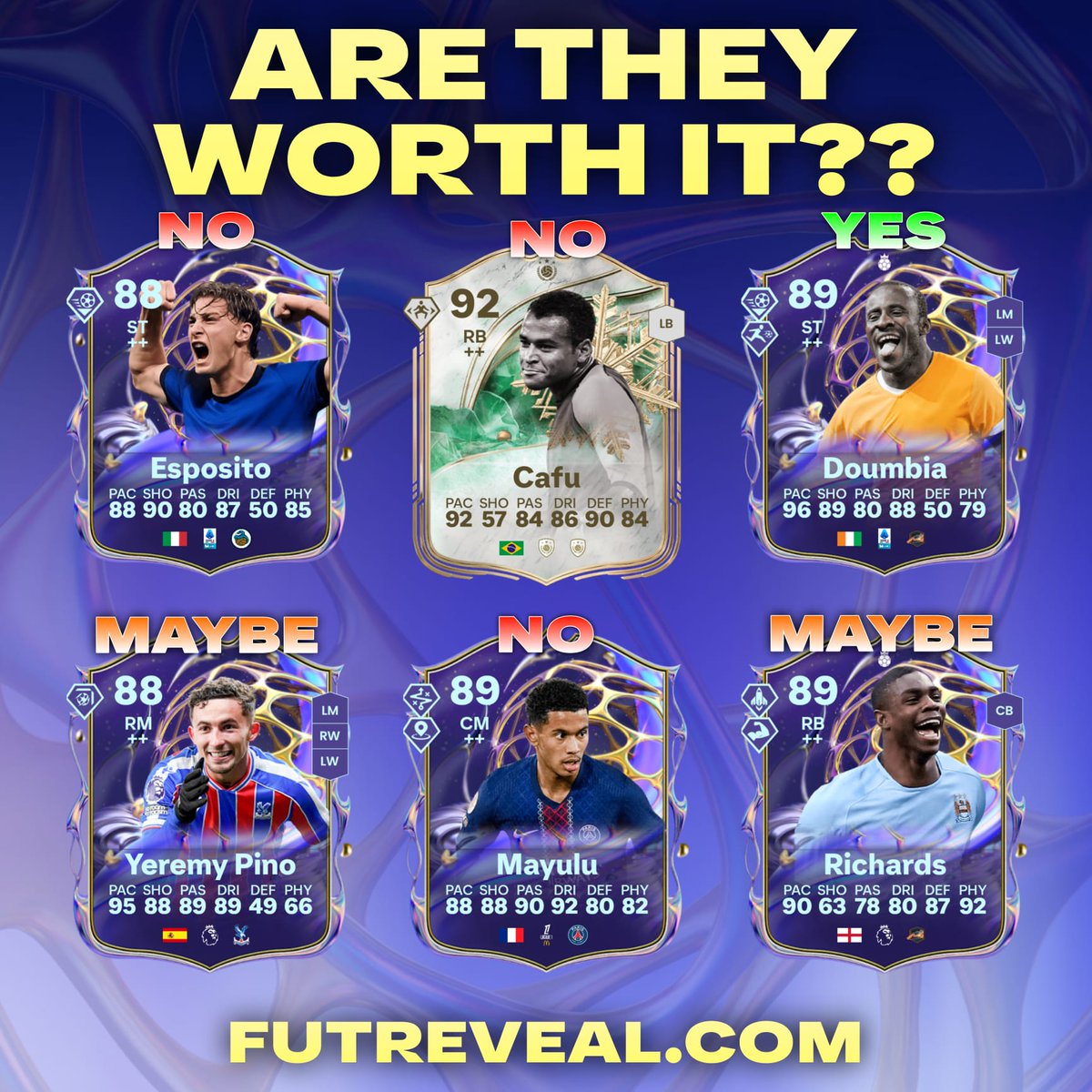 🔥 ARE THEY WORTH IT?? 🤔
We tested them. Here’s the verdict 👇
❌ Esposito – Overhyped
❌ Cafu – Not worth the coins
✅ Doumbia – BROKEN. Instant impact.
🤔 Yeremy Pino – Depends on your squad
❌ Mayulu – Too inconsistent
🤔 Richards – Solid but not elite