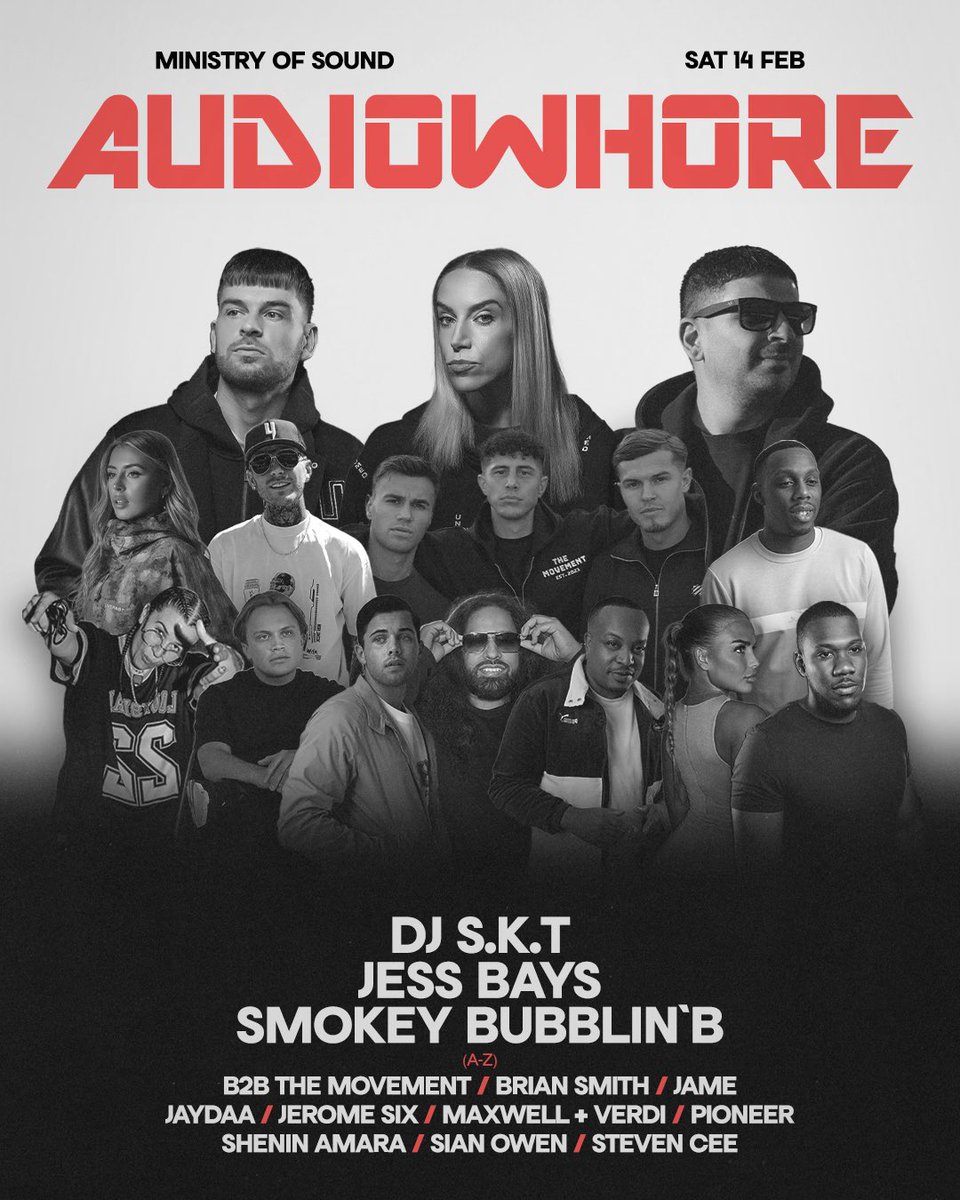 AudioWhore_'s tweet photo. All systems go THIS SATURDAY with a lineup built to blow the roof off Ministry of Sound 💥

Feel the love with DJ S.K.T, Jess Bays, Smokey Bubblin’B, Sian Owen + more soundtracking the most romantic night of the year ♥️🔊

Tickets won’t wait.
👉 https://t.co/GWhLWgpuTp https://t.co/5b9qzVQ7Se