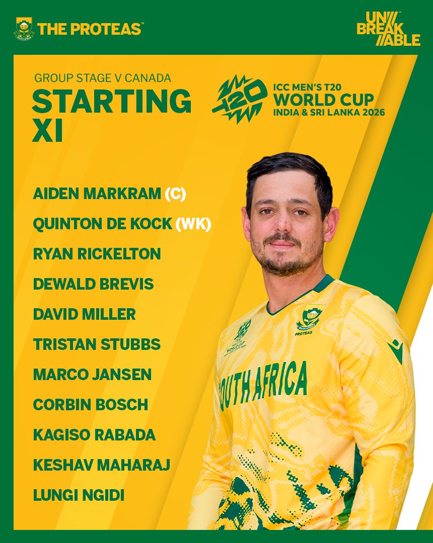ProteasMenCSA's tweet photo. Toss Update 🪙

🇨🇦 Canada have won the toss and elected to Bowl first.

We’re all set in Ahmedabad for our opening fixture of the #T20WorldCup 2026! 🏏💥

Here’s how #TheProteas line up for today’s contest. 💪

#Unbreakable https://t.co/e9ZhD3iVRO