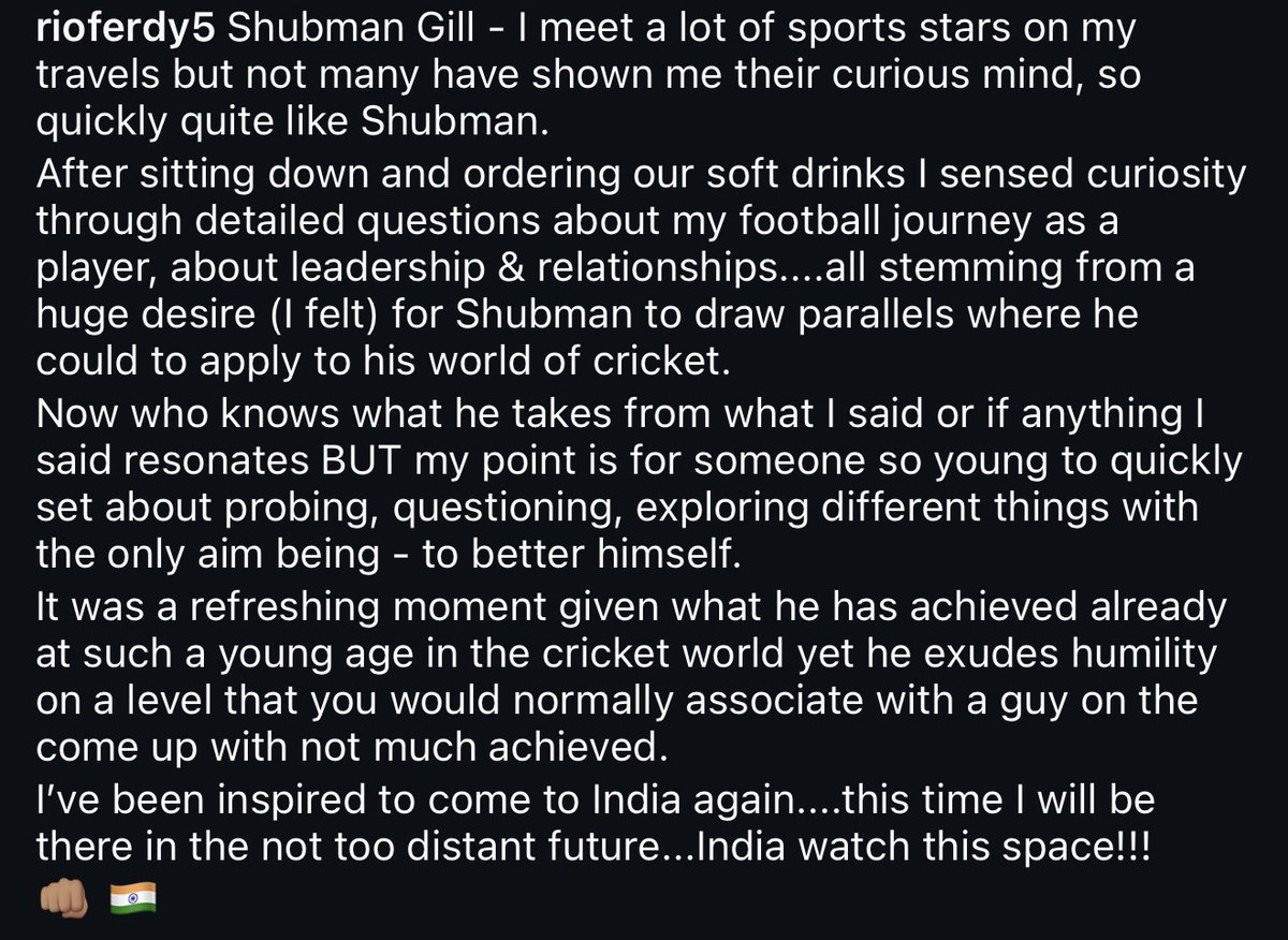 Rio Ferdinand’s Instagram story for Shubman Gill. ❤️