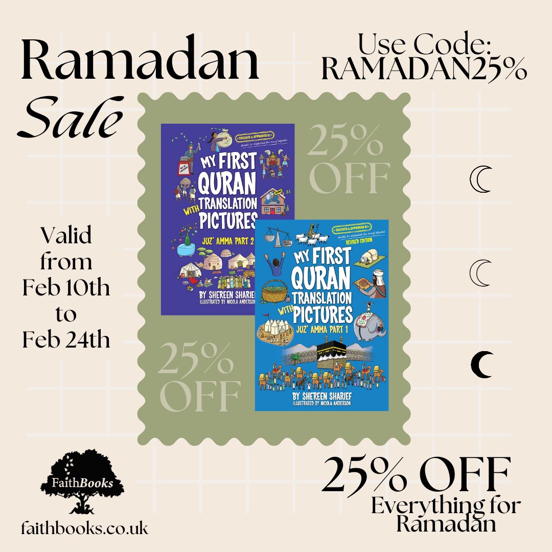 FaithBookss's tweet photo. 🌙 RAMADAN SALE🌙
•
Feb 10th - Feb 24th ONLY! ⏱️
•
25% OFF EVERYTHING on our site 🎁
🏷️Use code: RAMADAN25%🏷️
•
https://t.co/W2RywPTH2R
•
#muslim #islam #ramadansale #ramadan #sale https://t.co/lJtcajSEfA