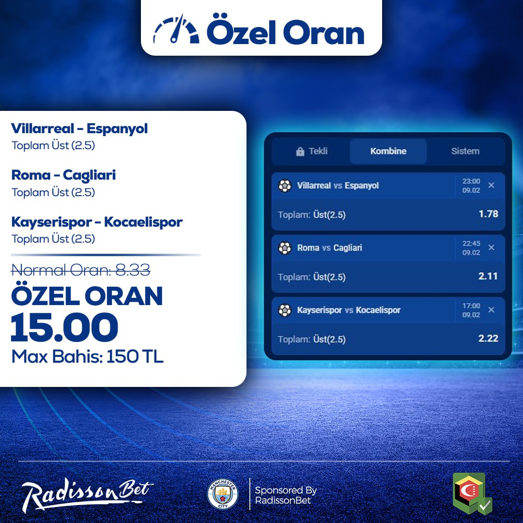 xradissonbet's tweet photo. 📣  Radisson Paylaşıyor – ÖZEL ORAN📣

💵  Max Bahis: 150 TL
📈  Maks. Kazanç: 2.250 TL
✔️  Katılım ÜCRETSİZ!

🎰Villarreal -  Espanyol (2.5 ÜST)
🎰Roma - Cagliari (2.5 ÜST)
🎰Kayserispor - Kocaelispor (2.5 ÜST)

📉NormalOran: 08.33
↗️Özel Oran: 15.00

https://t.co/kcMcYQAU7w https://t.co/vNCHgJ2lYl