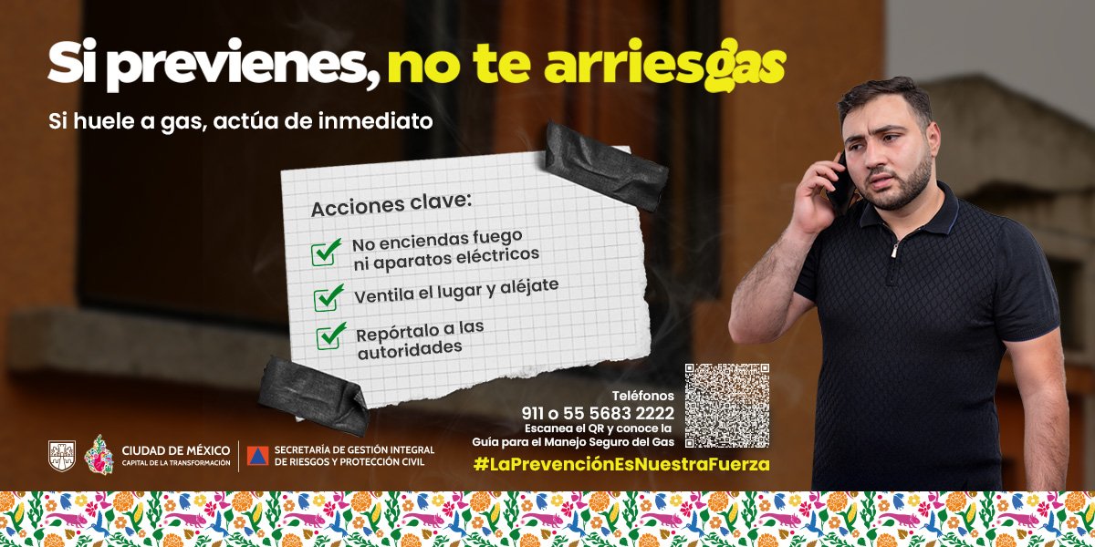 #SiPrevienesNoTeArriesgas | 🚨 En casa, una pequeña fuga de gas puede convertirse en una emergencia grave si no se atiende a tiempo. ⚠️🔥

🔎🏠 Mantén tus instalaciones revisadas y ante cualquier olor o falla, actúa de inmediato llamando al 911 o al 55 5683 2222. La prevención