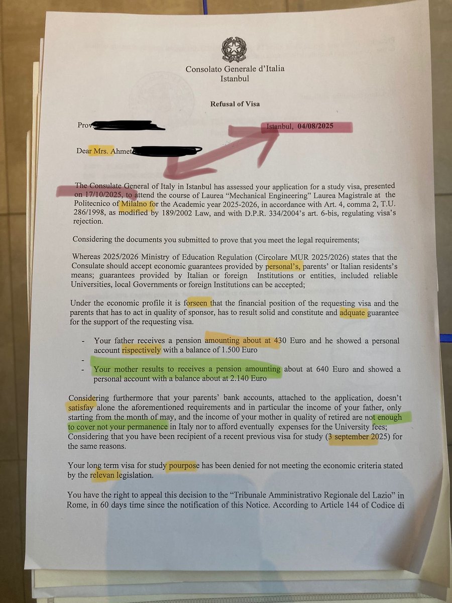 Polimi’den Yüksek Lisans kabulü alan Türk bir mühendis.
Aynı süreçteki 2. vize reddi.
Tarih eski mektupla aynı; güncellenmemiş bile, imla rezalet, ve erkek adaya “Mrs.” denmiş.
Bu ciddiyetsizlik midir AB'nin uluslararası öğrenciye muamelesi?
Gerçekten düşürüldüğümüz seviye bu mu?