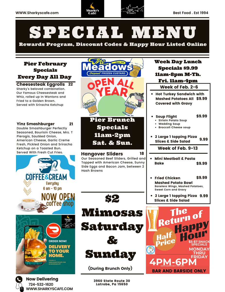 🌟 Happy Monday! Enjoy **$.85 WINGS** all day and NEW $9.99 specials! Join us for **Half Price Happy Hour** 4-6 PM! #MondayMotivation #SharkysCafe #WingDay #PittsburghEats #HappyHour