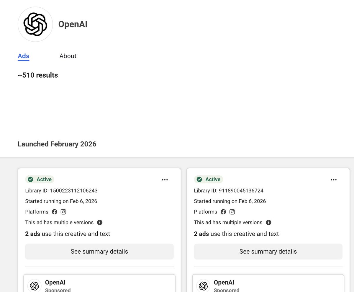 Wow, didn’t realize how active OpenAI and Claude are on meta ads.

OpenAI runs 100% static with basically one concept repeated.

Claude is way more creative, ~60/40 video to static, with UGC and multiple angles. 

Interesting contrast 🤔