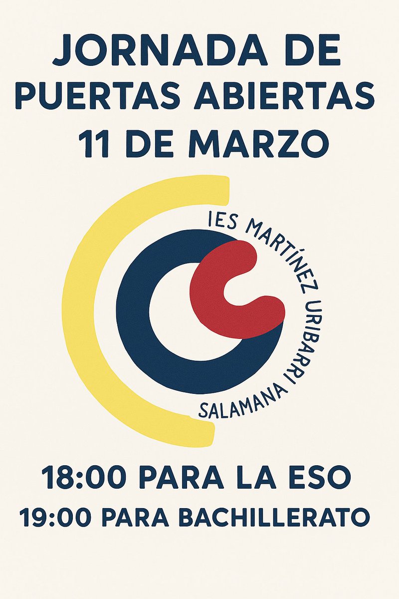 Jornada de puertas 🚪abiertas del IES Martínez Uribarri.
📅 11 de marzo #SaveTheDate
Ven a descubrir un centro del siglo XXI situado en el ❤️#Salamanca
🕰️18h ESO
🕰️19h #Bachillerato y Ciclos.
¡Ven a conocernos!