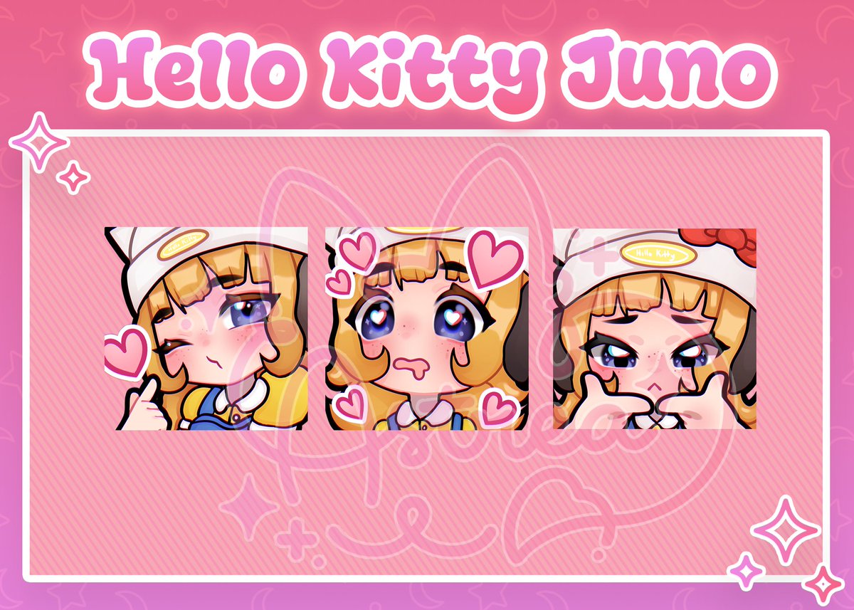 ─ .✦ Hello Kitty Juno Emotes are now available for free on my Kofi!! Happy early Valentines Day Lovelies  

I would adore and appreciate all likes and retweets on this post, as I am trying to get an artist code on VGen, and all engagement helps!! 💖🎀

(Lnk to emotes below)