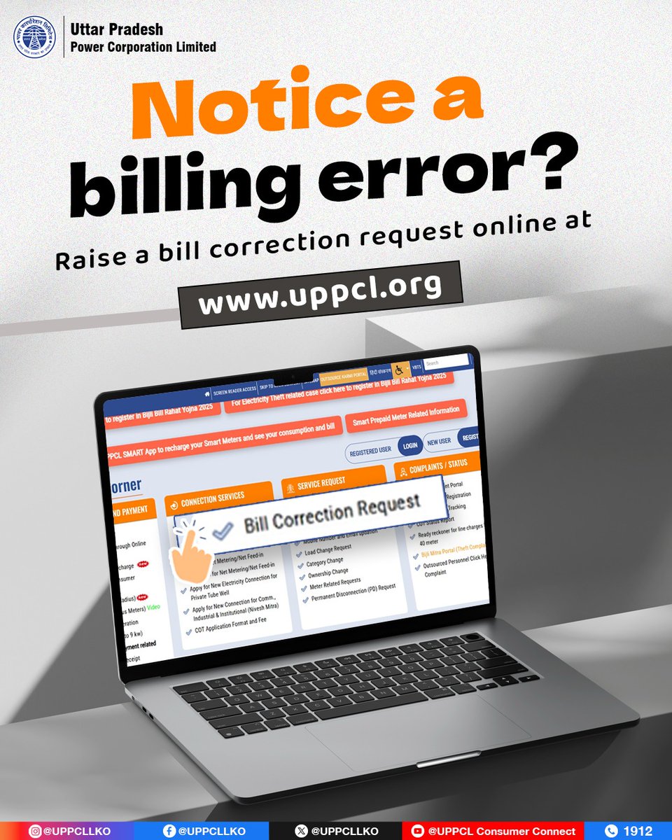 UPPCLLKO's tweet image. Billing issues can be resolved quickly and conveniently. Visit uppcl.org to submit a bill correction request online.

#UPPCL #ElectricityBill
@CMOfficeUP
@EMofficeUP
@aksharmaBharat
@mduppcl