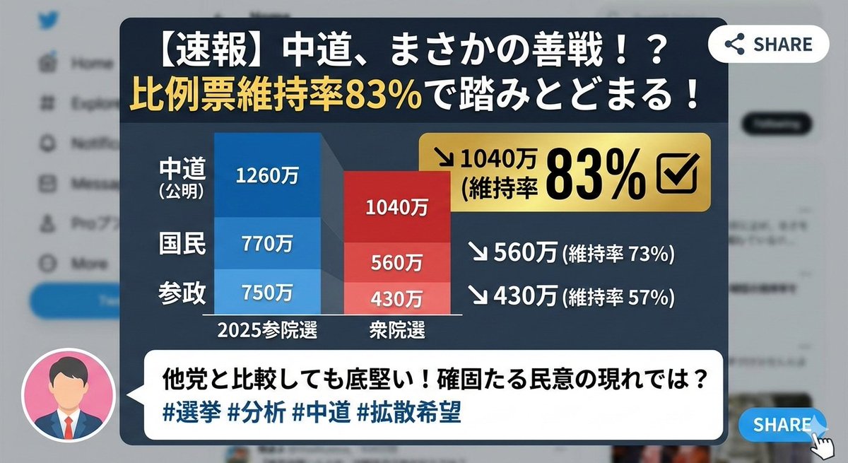policystyle's tweet photo. ＼中道は一定の民意を得ていた？／

今回の結果に衝撃を受けたけど…高市旋風の中で一定の民意を得ていたのでは？

◆衆院選・比例代表得票数 （参院選2025との比較）
中道1040万（-220）
国民560万（-210）
参政430万（-320）

※中道は立民公明の合計との比較

#中道改革連合 #衆議院選挙 https://t.co/2o57o35joK