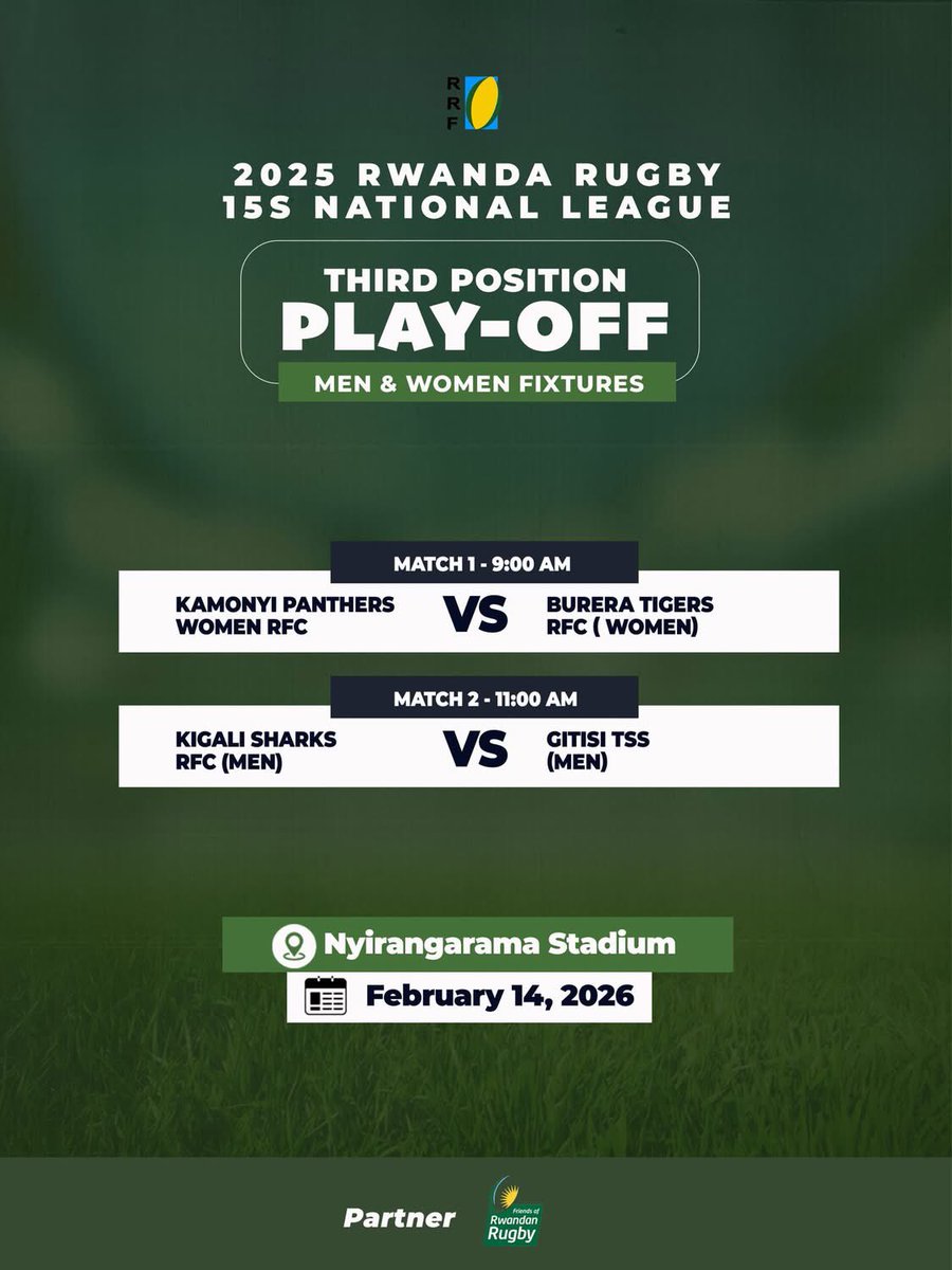 RugbyRwanda's tweet photo. RUGBY FINALS DAY IS HERE!

After 5 months of intense action, the champions will be crowned on Feb 14,2026, at Nyirangarama Stadium.

🥉Kamonyi Panthers Women🆚Burera Tigers 

🥉Kigali Sharks🆚Gitisi TSS 

🏆Ruhango Zebras Women🆚1000 Hills Rugby 

🏆Lions de Fer🆚1000 Hills Rugby https://t.co/gB5aqCahSS