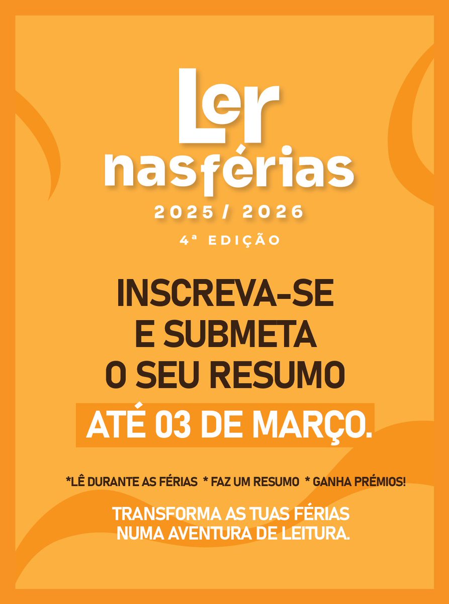 EthaleP's tweet photo. Alô, alô, adolescentes e jovens leitores! 

Temos boas notícias! Atendendo aos vários pedidos que nos chegaram, o Concurso Literário “Ler nas Férias” foi prorrogado.

👉 O fecho das inscrições passa para o dia 03 de Março de 2026. https://t.co/OYjX77HZdW