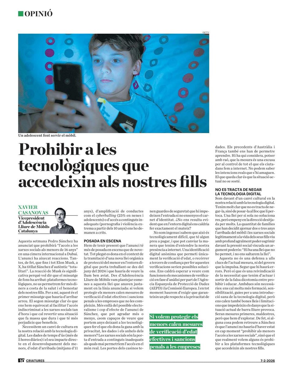 xcasanovasc's tweet photo. Aquest cap de setmana al @Criatures_cat del @diariARA em van publicar aquest article. Passat el soroll mediàtic dels darrers dies ens cal tornar a un debat social i democràtic serè que ens permeti establir una bona edat d'arribada de la tecnologia digital. https://t.co/bWJ1zo8Oky