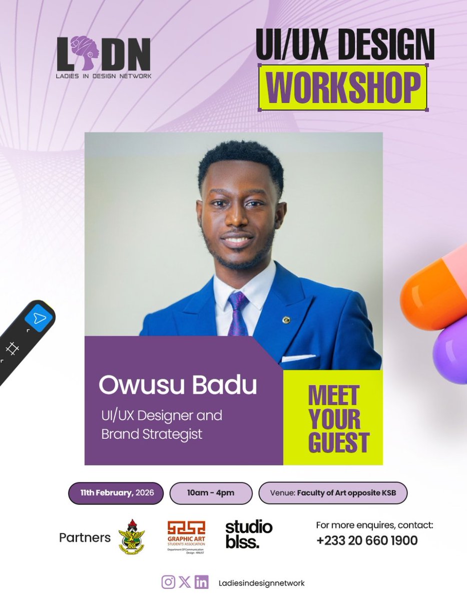 Lidn__'s tweet photo. Meet our guest facilitator, @OwusuBadu —a UI/UX Designer and Brand Strategist with a strong focus on designing meaningful,user-centred experiences.

He brings practical industry insight and a strategic approach to the Ladies in Design UI/UX Workshop.

#ladiesindesign #uiuxdesign https://t.co/YZbg1jc5sT