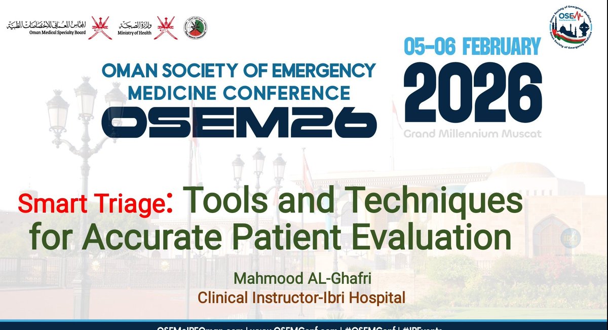 dghs_dhahirah's tweet photo. في إطار أعمال المؤتمر الدولي للرابطة العُمانية لطب الطوارئ #OSEM26، شارك ممثلا #مستشفى_عبري الدكتورة نورة السكيتية (استشاري طب الطوارئ و زمالة في الموجات الصوتية للحالات الطارئة) والممرض محمود الغافري (المدرب الإكلينيكي) بتقديم ورقتين علميتين خلال فعاليات المؤتمر الذي استمر ثلاثة أيام.  

تضمن اليوم التحضيري الأول للمؤتمر ورشًا تدريبية مختلفة حيث استعرضت الدكتورة نورة أساسيات القسطرة الوريدية باستخدام تقنية الموجات فوق الصوتية، فيما قدّم المدرب الإكلينيكي محمود الغافري ورقة بحثية حول الفرز الذكي في أقسام الطوارئ، موضحًا الآليات المعتمدة لضمان دقة وكفاءة عملية فرز المرضى.  

وتأتي هذه المشاركة في إطار جهود وزارة الصحة، ممثلة في الرابطة العُمانية لطب الطوارئ، لتعزيز تبادل الخبرات العلمية وتوظيف أحدث ما توصل إليه طب الطوارئ، بما يضمن تقديم رعاية صحية آمنة ومتكاملة للمرضى.

#مستشفى_عبري
#صحة_رائدة_مستدامة_للجميع