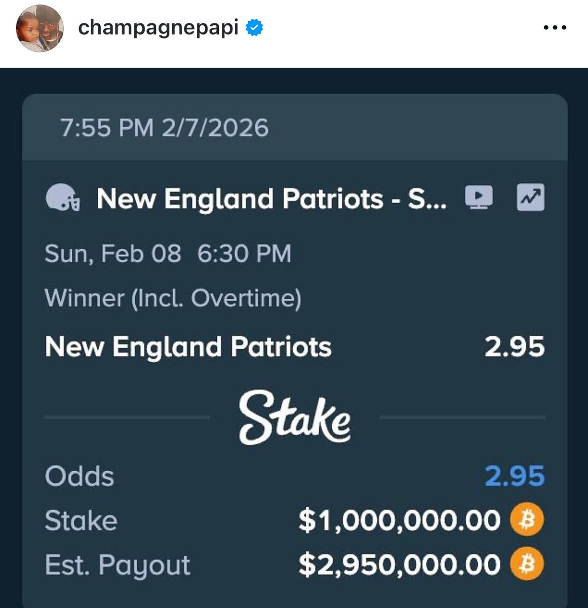 tyorigino's tweet photo. Drakeの呪いが再び

本日行われたNFL頂上決戦スーパーボウル

Drakeはニューイングランド・ペイトリオッツの優勝に賭けるも敗戦

100万ドル（約1億5,700万円）を失う💸 https://t.co/GxBKuGwTMp