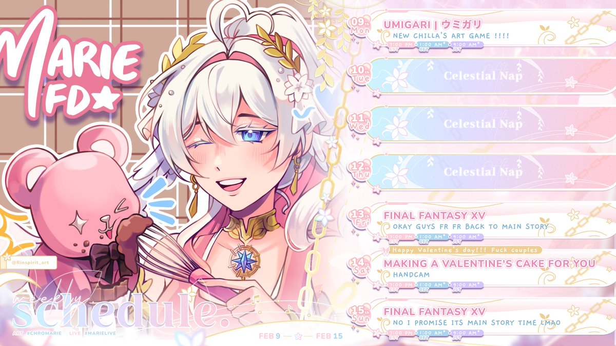 MariieFD's tweet photo. WEEK SCHEDULE 🌟February 9 - 15
VALENTINE'S HEREEEEEEEEEEEE ~ ~ 🤍🤍🤍
⊹ General: #MarieFD
⊹ Live: #Marielive
⊹ Art: #Chromarie / Nsfw: #MariEros
⊹ Meme: #Mariewe
⊹ Assets / thumbnails: #Marielangelo
⊹ Fanname: #Kumamor https://t.co/wFYNbzZfto