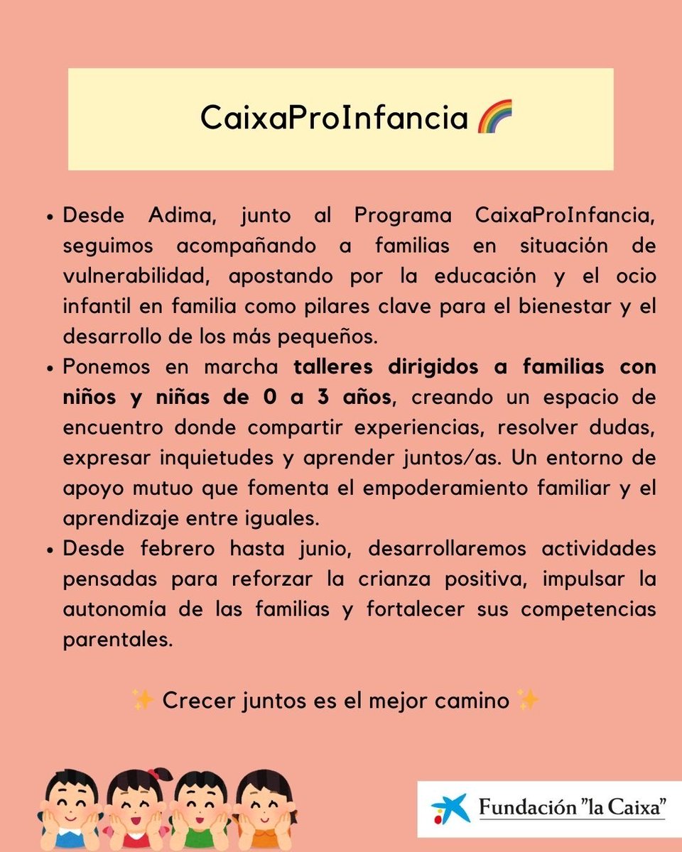 🌈 Desde Adima, junto al Programa CaixaProInfancia, ponemos en marcha el Taller Materno Infantil, un espacio pensado para acompañar a familias con niños y niñas de 0 a 3 años en situación de vulnerabilidad 🤍