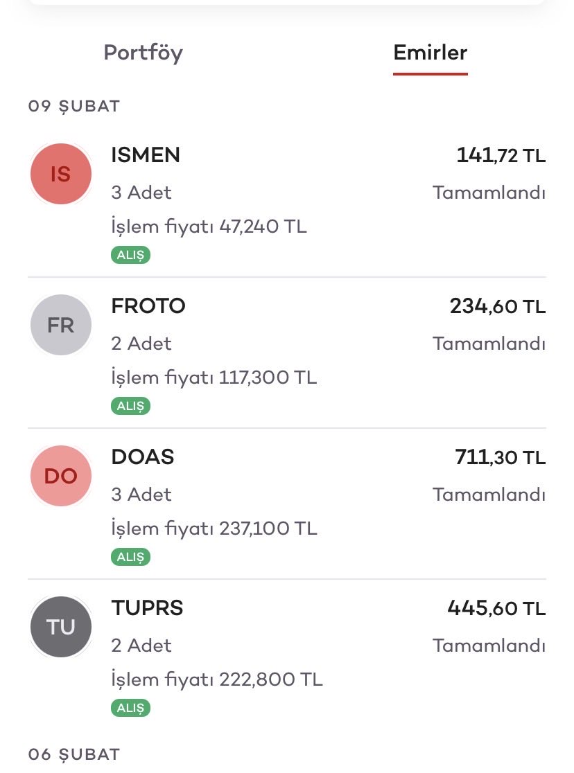 09.02.2026
Merhaba 👋 

Günlük bütçe 1.550 TL

#FROTO 2 Lot
#DOAS 3 Lot
#ISMEN 3 Lot
#TUPRS 2 Lot

Beslere veya fonlara şimdilik ekleme yok.
Satma da yok beklemedeyim.

Adım adım 🎯 

Tavsiye değil kendime notlarımdır. Risk algınıza göre yatırım yapmalısınız.