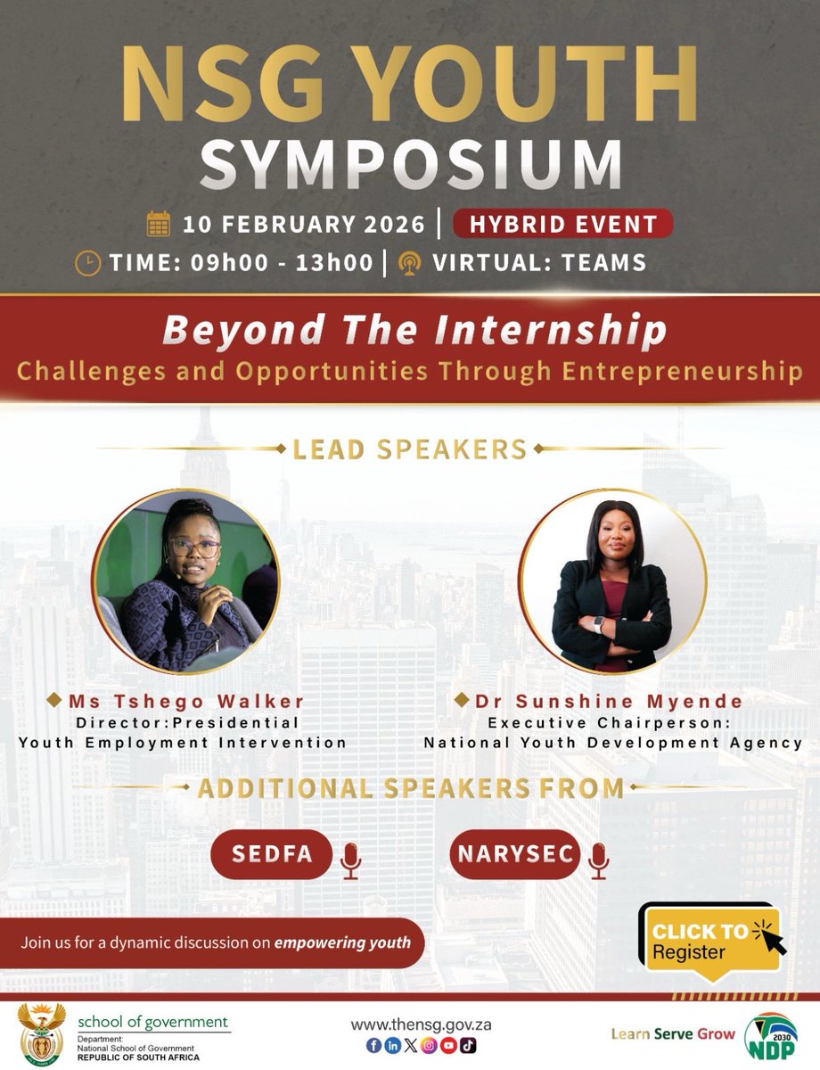 thensgZA's tweet photo. 1 day to go! 

Don’t miss the NSG Youth Symposium: Beyond The Internship 

📆09:00–13:00 | MS Teams

Register 👉🏽: https://t.co/2ldrFr8J6J

@GovernmentZA @NYDARSA https://t.co/40lzJ2JiXb