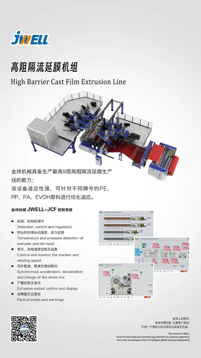 JwellBrian's tweet image. High Barrier Cast Film Extrusion Line.#JWELL #extrusionline #plasticmachine 
The equipment is highly adaptable and can be optimized for different grades of PE, PP, PA, and EVOH raw materials.
WhatsApp:+86 17856036965
Email:infdsw@jwell.cn
