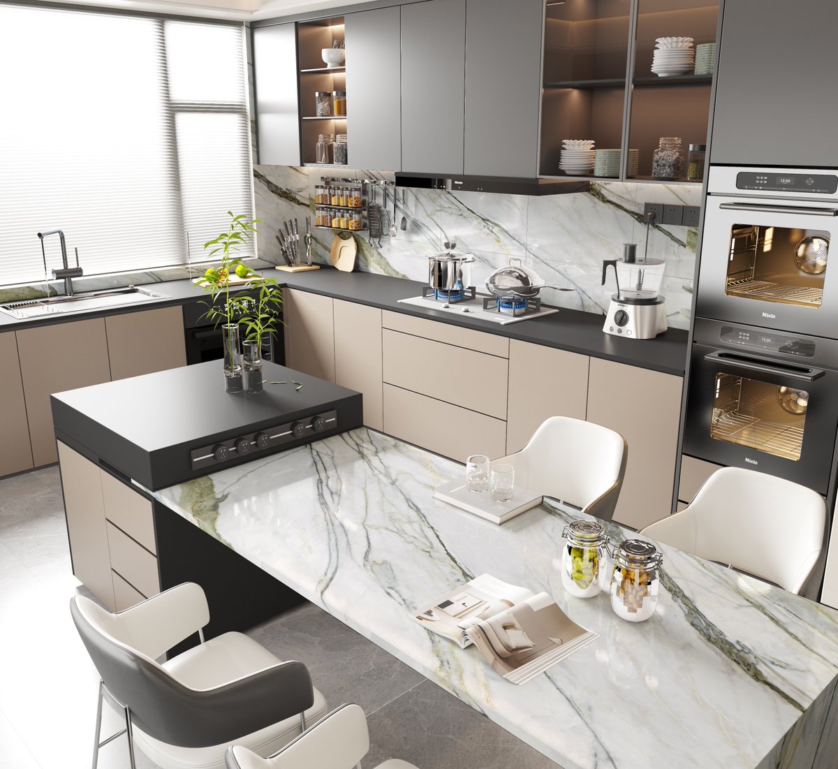 FasaStone's tweet photo. Designed as the heart of the kitchen, this island and countertop blend contemporary elegance with natural inspiration. The soft marble-like surface, accented by flowing green veining, brings a sense of organic movement and understated luxury to the space.#kitchengoals https://t.co/raikCzhqIC