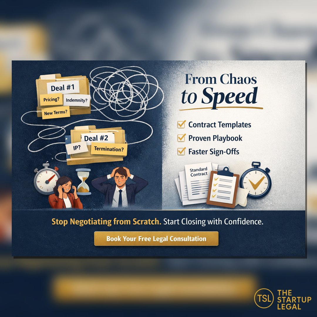 “Legal later” feels fast. Until every deal becomes a custom negotiation.

Templates + a contract playbook = repeatable speed:
. faster sign-offs
. fewer surprises
. less founder time wasted
Legal is not the brake. No process is.

🔗 calendar.app.google/W35vWkXrvrqjJr… |