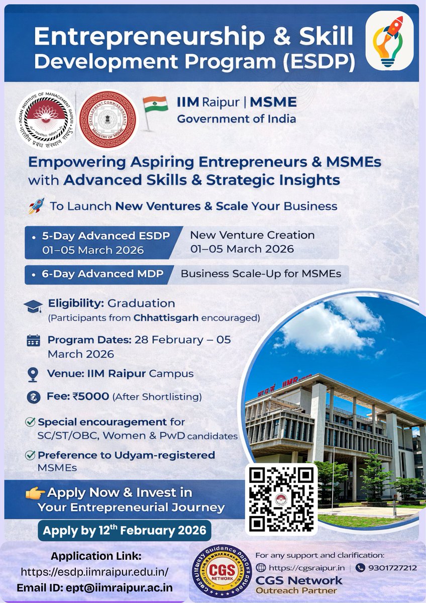 <a href="/iimraipur/">IIM Raipur</a> &amp; MSME (GoI) invite youth &amp; #MSMEs for Advanced #ESDP &amp; MDP programs.
📅 28 Feb–05 Mar 2026 | 📍 IIM Raipur
⏰ Deadline extended till 12 Feb 2026
👉 esdp.iimraipur.edu.in
📞 +91-9301727212

#IIMRaipur #Entrepreneurship #BusinessGrowth #Chhattisgarh #raipur