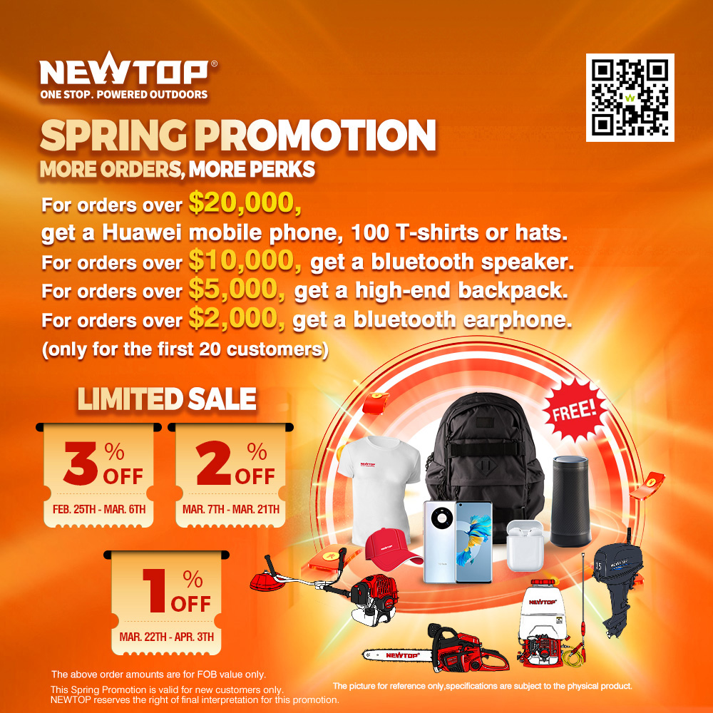 NEWTOP41370802's tweet image. 🌸 #NEWTOP Spring Promotion is coming!
📅 Feb 25th – Apr 3rd, 2026
Tiered discounts &amp;amp; exclusive rewards for new customers. 
More details👉 
📧 service@newtop.com.cn | 📞 13636521556 | 🌐 newtoptools.com
#NEWTOP #SpringPromotion #Chainsaw #BrushCutter #Sprayer