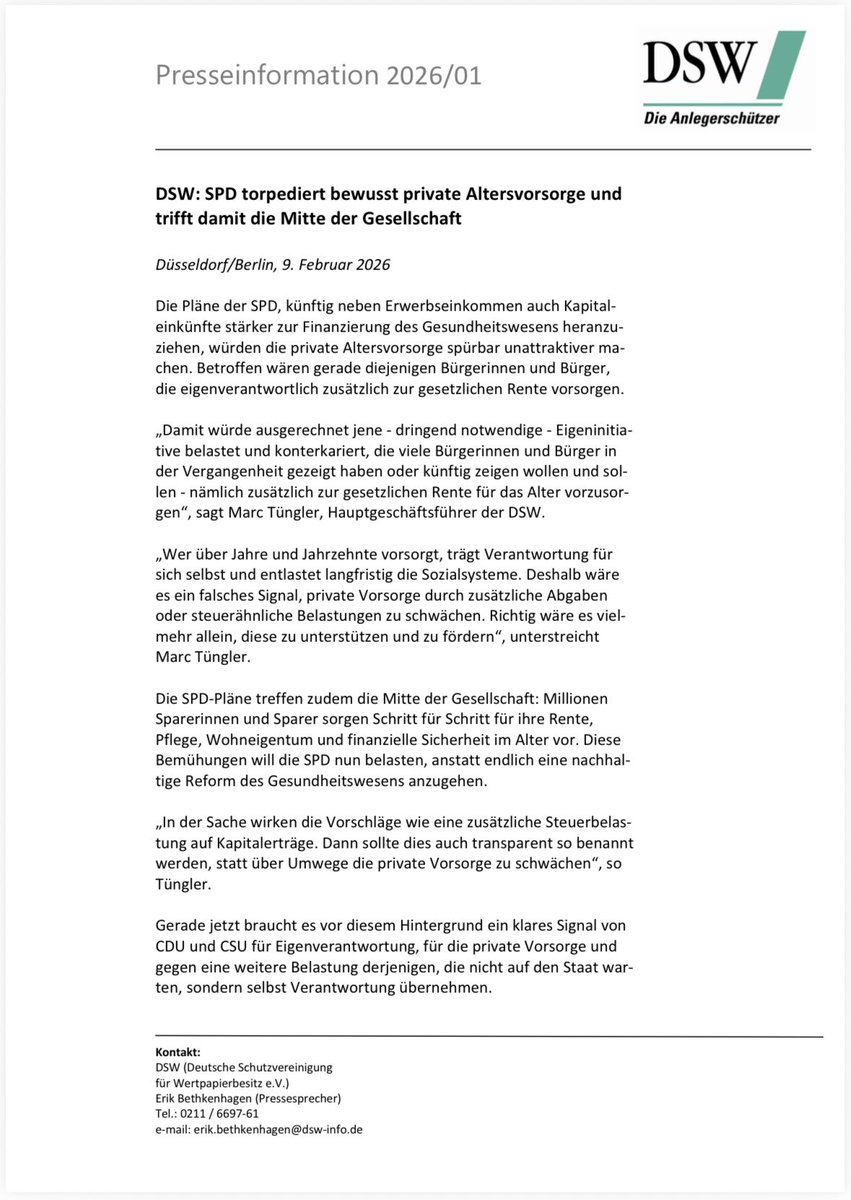 marc_tuengler's tweet photo. DSW: SPD torpediert bewusst die private Altersvorsorge und trifft damit die Mitte der Gesellschaft

Folgend die heutige DSW-Pressemitteilung zu den Plänen der SPD, u.a. Kapitalerträge zur Finanzierung des Gesundheitswesen heranzuziehen: https://t.co/c6TkRGxgLU