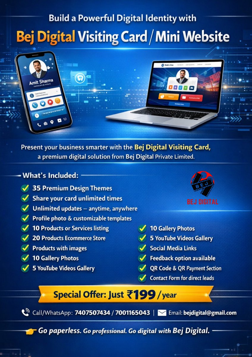 BejDigital's tweet photo. Build a Powerful Digital Identity with Bej Digital Visiting Card / Mini Website
Special Offer: Just ₹199 / year
Call/WhatsApp: 7407507434 / 7001165043
Email: bejdigital@gmail.com
Visit: https://t.co/HdmLKBXdmf
Go paperless. Go professional. Go digital with Bej Digital. https://t.co/mCN1G8i9M1