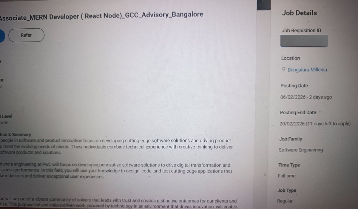 Opening for MERN Developer (React Node)

📌 Bangalore
Mandatory skill set: React, Typescript,  HTML/CSS, NodeJS, AWS/Azure, SQL/NoSQL

BE/BTECH/MBA/MCA

(closed by 20/02/2026)

Feel free to comment below your details for referral or apply directly at our hiring page