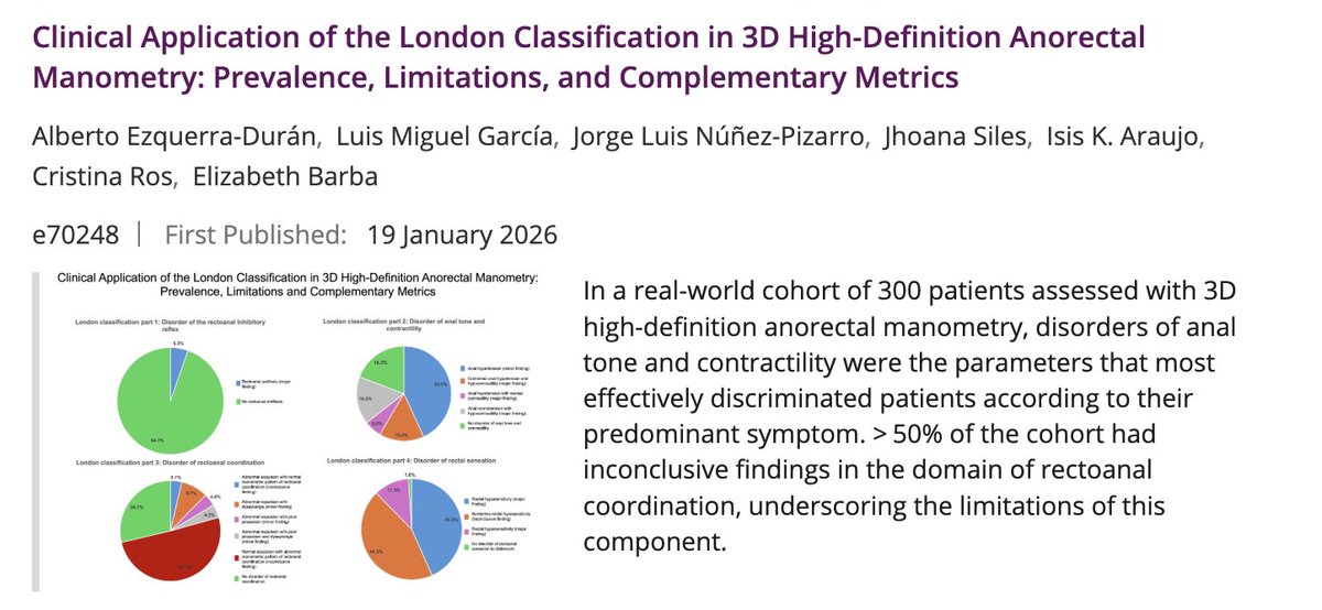 DraBarba's tweet photo. ¿ Como funciona la Classificación de Londres aplicada a la manometría anorrectal 3D en la práctica real? Analizamos 300 estudios consecutivos con HD-ARM 3D + BET para responder a esta pregunta. Spoiler: sí, pero con límites claros. @93Ezquerra @ikaraujoa @gasclinicbcn https://t.co/n5FBJWZ6HY