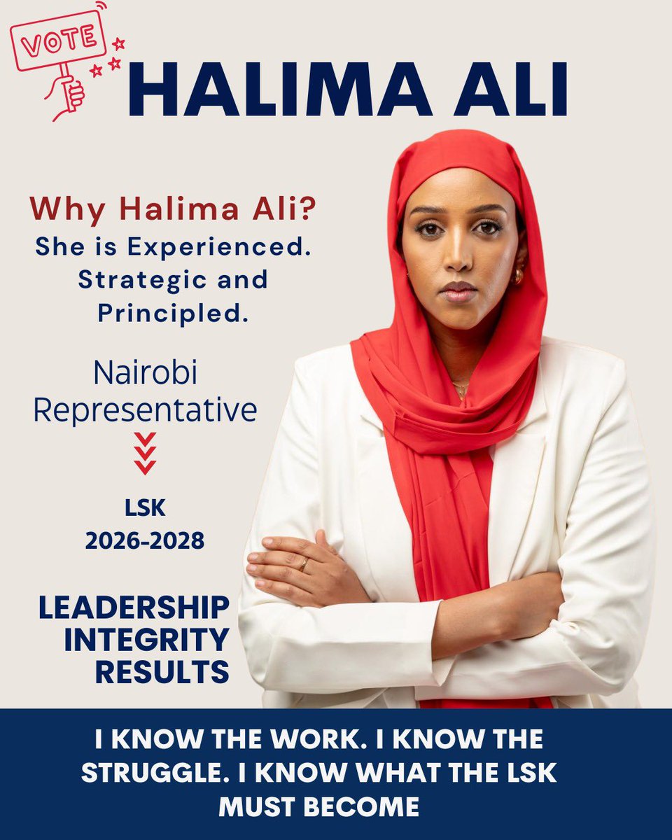 The LSK election is not about politics; it is a deliberate choice of individuals who are focused on the present and wish to dedicate their energy, passion, and experience to building an independent and robust society. Look no further; this is *Halima Ali.

*Vote Halima wa Nairobi