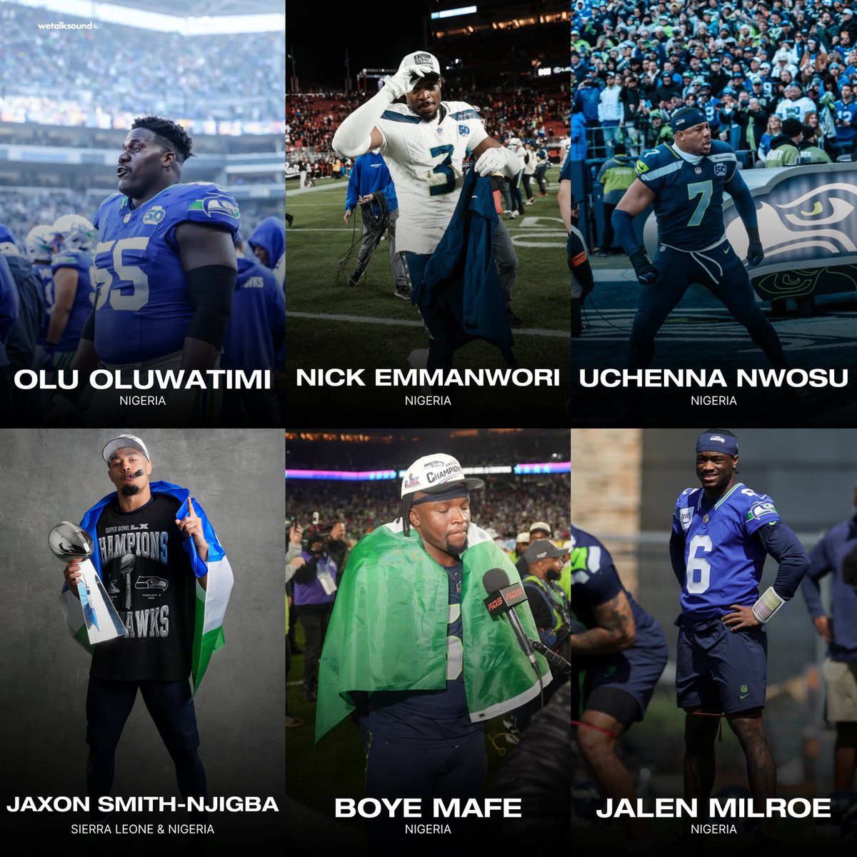 Six players of African heritage just won the Super Bowl with the Seahawks. 🏆

Jaxon Smith-Njigba 🇸🇱🇳🇬
Boye Mafe 🇳🇬
Uchenna Nwosu 🇳🇬
Nick Emmanwori 🇳🇬
Olu Oluwatimi 🇳🇬
Jalen Milroe 🇳🇬

African Excellence🌍✨
#SBLX