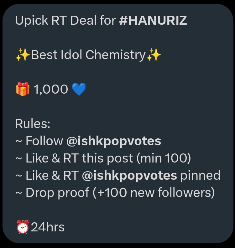 liyustarrynight's tweet image. Upick RT Deal for #HANURIZ

✨Best Idol Chemistry✨

🎁 1,000 💙

Rules:
~ Follow @ishkpopvotes 
~ Like &amp;amp; RT this post (min 100) 
~ Like &amp;amp; RT @ishkpopvotes pinned
~ Drop proof (+100 new followers)

⏰24hrs