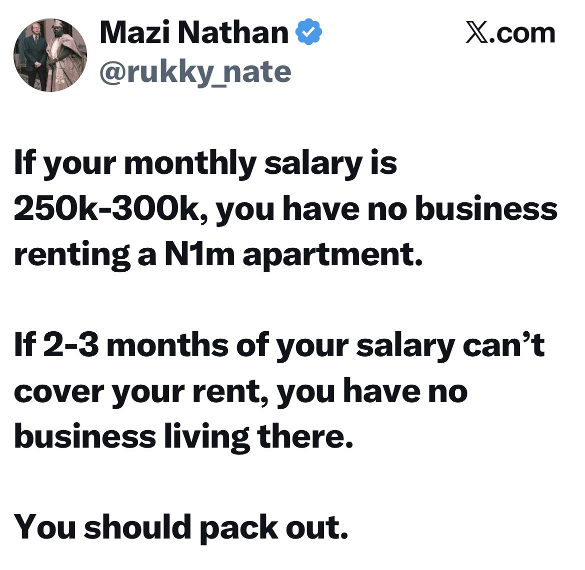 instablog9ja's tweet photo. “If 2-3 months of your salary can’t cover your rent, you have no business living there”- Social Anatomist Mazi says https://t.co/vEnuOutLek