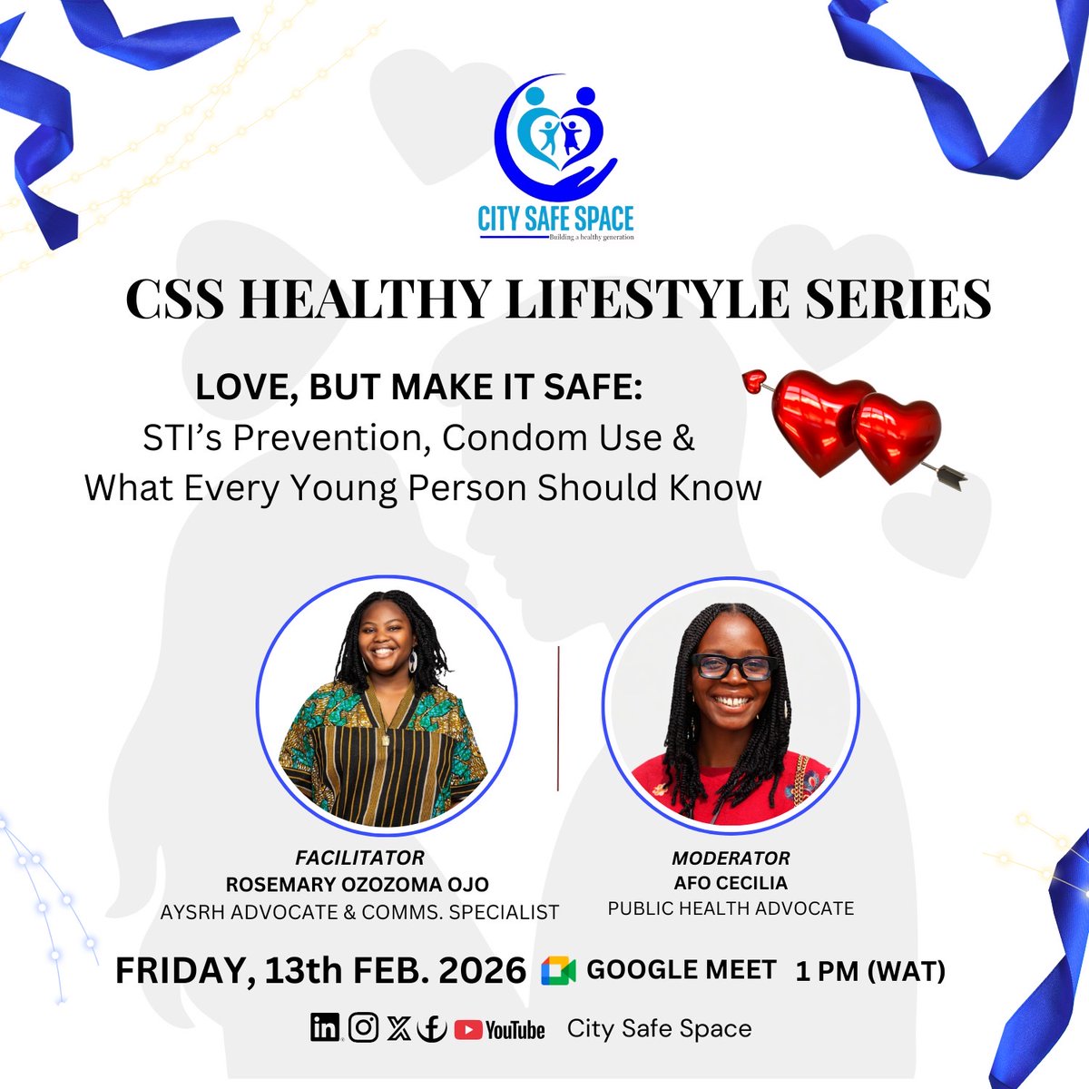 citysafespace's tweet photo. This Valentine’s, give yourself the gift of safety. 💝
Join us for an essential session on STI prevention, condom use, and taking charge of your sexual health.
🗓 Friday, Feb 13
⏰ 1 PM (WAT)
📍 Google Meet
🎤 Rosemary Ozozoma Ojo
Link in bio to join! 🔗 https://t.co/HRBAeZm5go