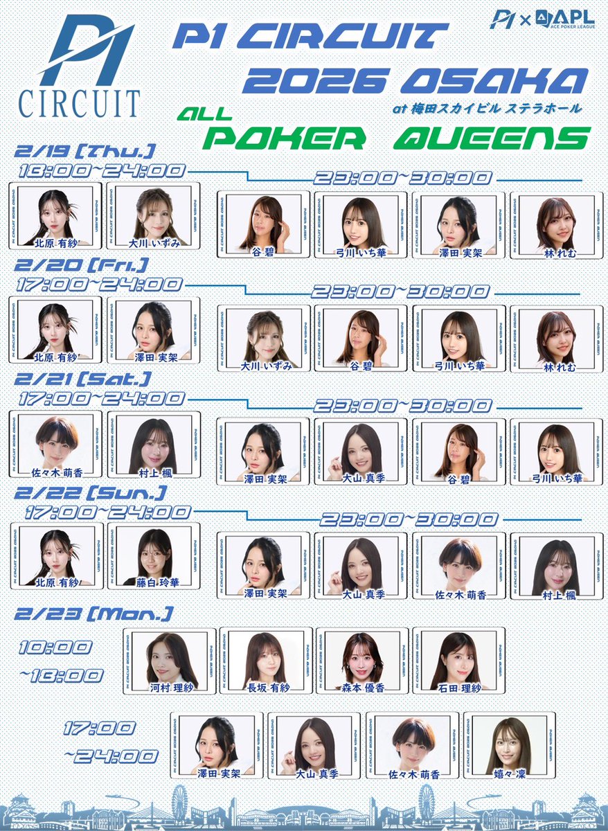 P1_GrandPrix's tweet photo. #P1大阪 【2026.2.19-23】
#P1OSAKA を盛り上げてくれるポーカークイーン出演者が決定致しました！
レースアンバサダー、タレント、グラビアで活躍する豪華メンバー✨
沢山のご参加お待ちしております🔥

北原有紗　@kitaharaarisa_
大川いずみ　@iZm0131
谷碧　　　@aoi_tani_
弓川いち華　@yumikawa_ichika
澤田実架　@sawacho_12
林れむ　　@hayashi_rem
佐々木萌香　@moekasasaki_
村上楓　　@kaemuuu
大山真季　@O_maki_9
藤白玲華　@Fujishiro_Reika
河村理紗　@Lisa__0106
長坂有紗　@makki_2424
森本優香　@ice_mori_
石田理紗　@ishidarisa_623
嬉々凛　　@m_kiki0819
敬称略/順不同

#P1 #ポーカー