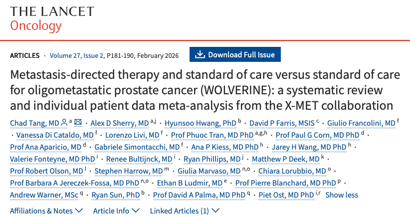 APCCC_Lugano's tweet photo. Metastasis-directed therapy and standard of care versus standard of care for oligometastatic prostate cancer (WOLVERINE)

https://t.co/axU4Pz3YZf

This systematic review and individual patient data meta-analysis evaluated metastasis-directed therapy (MDT) for oligometastatic #ProstateCancer using data from seven randomized phase 2 trials. MDT plus standard of care significantly improved progression-free survival, radiographic progression-free survival, and castration resistance-free survival compared with standard care alone. 

Although a trend toward improved overall survival was observed, it did NOT 🚫reach statistical significance, highlighting the need for further research.

@ChadTangMD
@DavidPFarris
@aaparicioMD
@GabSimontacchi
@jarey_wang
@fontev1
@ReneeBultijnck
@matthewdeek
@DrOlsonOncology
@GiuliaMarvaso84
@ChiaraLorubbio
@BarbaraJereczek
@PBlanchardMD
@drdavidpalma
@piet_ost 

@OncoAlert  🚨
@Silke_Gillessen 
@AOmlin 
@weoncologists