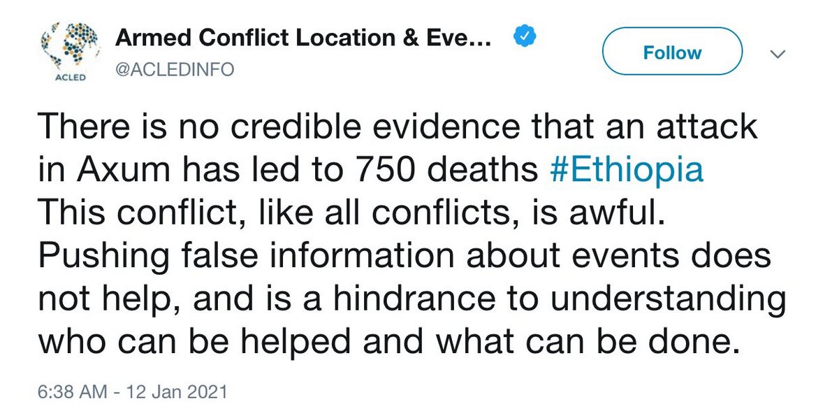 temesgen_kahsay's tweet photo. Speaking of misinformation:

Abiy admitted for the first time that #Eritrean troops had massacred people in Aksum, #Tigray.

@ACLEDINFO has yet to issue an official apology to the people of Tigray, and retract the misinforming data it sold to governments and researchers. https://t.co/gJu5iCVZBN