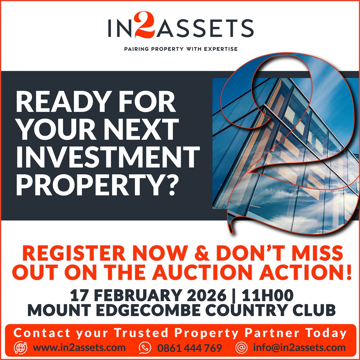 In2assets's tweet photo. Register to bid at the In2Assets Combined Property Auction 17 February 2026 at the Mount Edgecombe Country Club at 11h00. Click here for more information https://t.co/KvcpLb9JQV or email info@in2assets.com | 0861 444 769 https://t.co/OKe78antbH