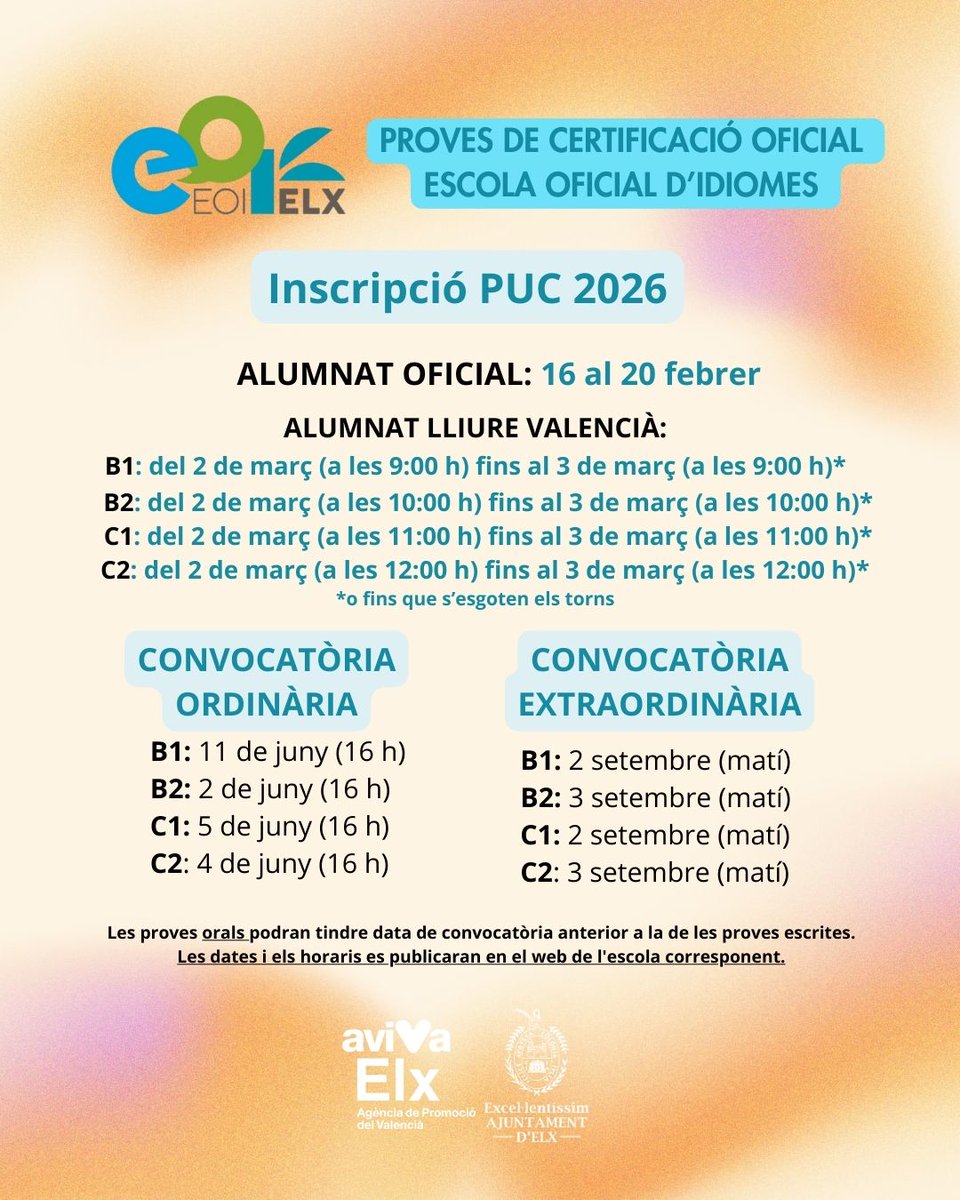 AVIVA_Elx's tweet photo. Publicada la convocatòria de les Proves Unificades de Certificació (PUC) en les escoles oficials d'idiomes de la Comunitat Valenciana.

Resolució (text complet): https://t.co/h5VdbNhdED

💻Més informació: https://t.co/tIuaxD0QwK https://t.co/O1JlW8bG8A